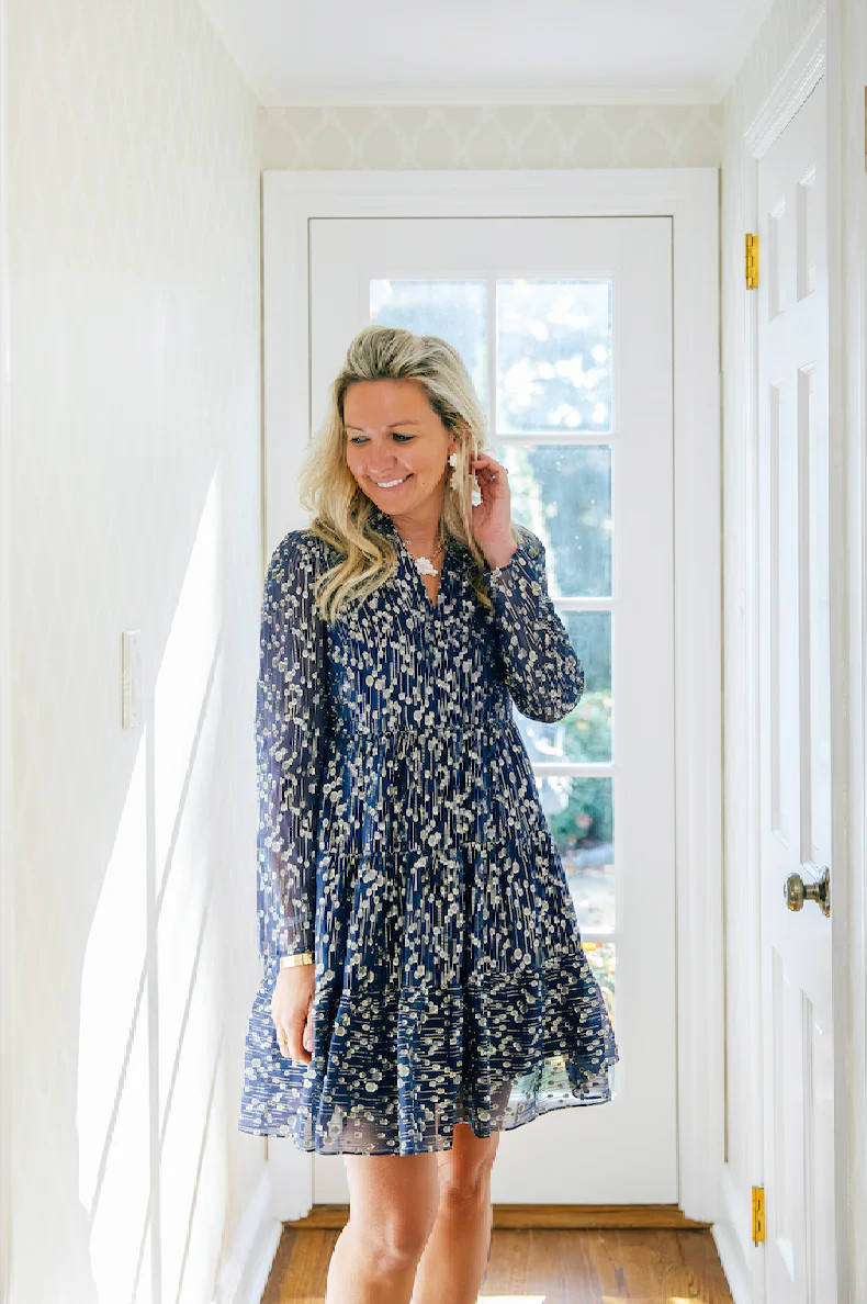 Navy Lurex Clip Dot Long Sleeve Tunic Flare Dress | Sail to Sable