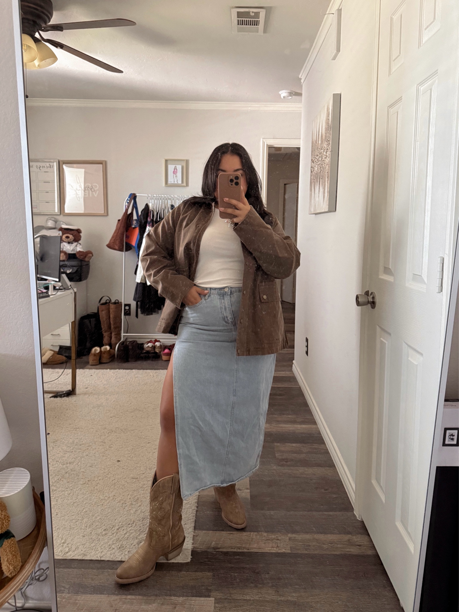 Todays ootd for an influencer event ✨🤎 

Obsessed with this barn jacket currently on sale and my skirt & top are both under $20!

fall fashion, fall outfit, denim skirt, barn jacket, cowboy boots, midsize fashion, midsize style

#LTKSeasonal #LTKSaleAlert #LTKMidsize