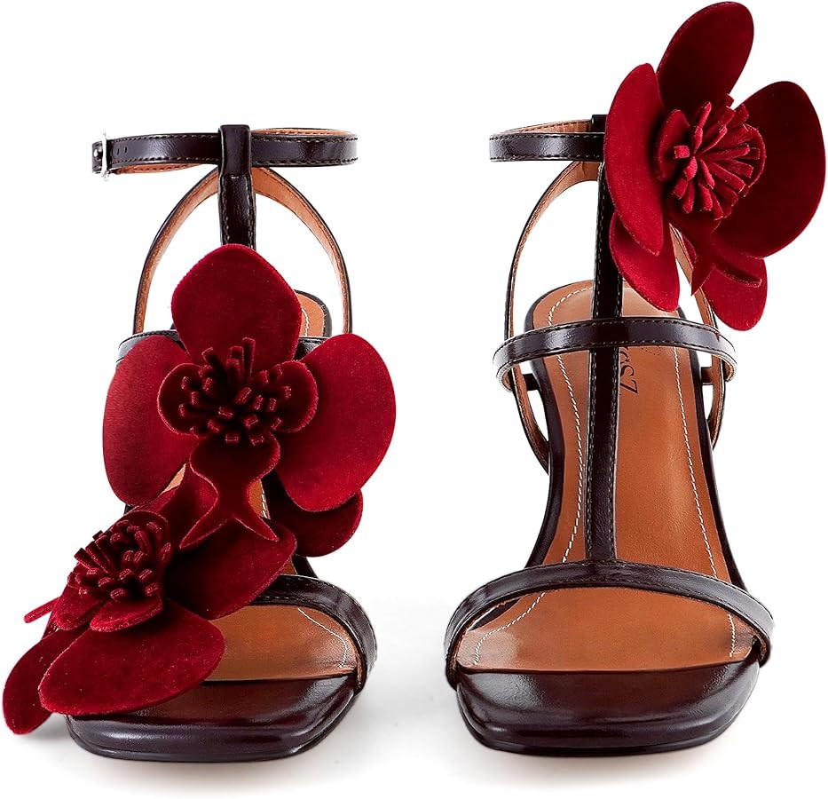 Floral High Heels Womens Strappy Sandals Wedding Bride Dressy Shoes Open Toe Ankle Strap Sandals | Amazon (US)