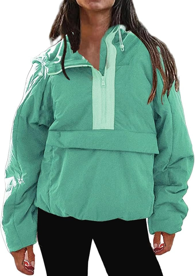 Pullover Puffer Jacket Womens Long Sleeve Half Zip Hooded Coat Drawstring Casual Loose Jacket Lig... | Amazon (US)
