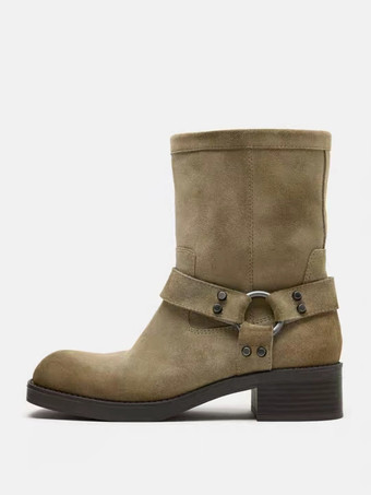 Khaki Suede Ankle Boots Flat Round Toe Buckle Detail Booties | Milanoo
