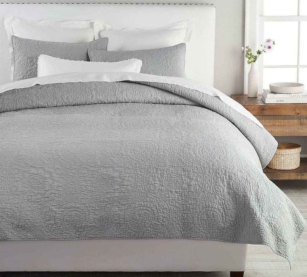 Smoke Belgian Flax Linen Floral Stitch Quilt, King/Cal. King | Pottery Barn (US)