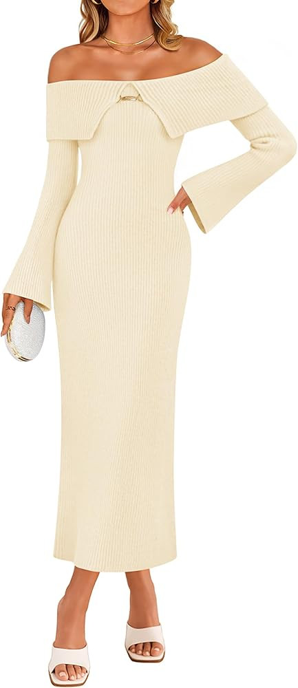 ZESICA Women's Fall Off Shoulder Sweater Dress 2025 Bell Long Sleeve Ribbed Knit Bodycon Formal M... | Amazon (US)