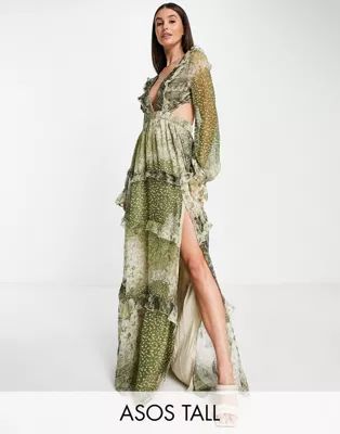 ASOS DESIGN Tall tiered maxi dress with lattice back detail in sage patchwork print | ASOS (Global)