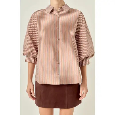 English Factory Stripe Balloon Sleeve Shirt in Orange at Nordstrom, Size X-Small | Nordstrom
