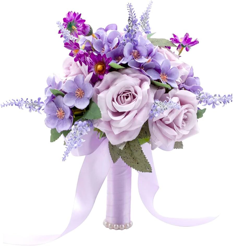 Floinla Lavender Purple Wedding Bouquets for Bride Bridesmaid Artificial Roses Flowers Lilac Brid... | Amazon (US)