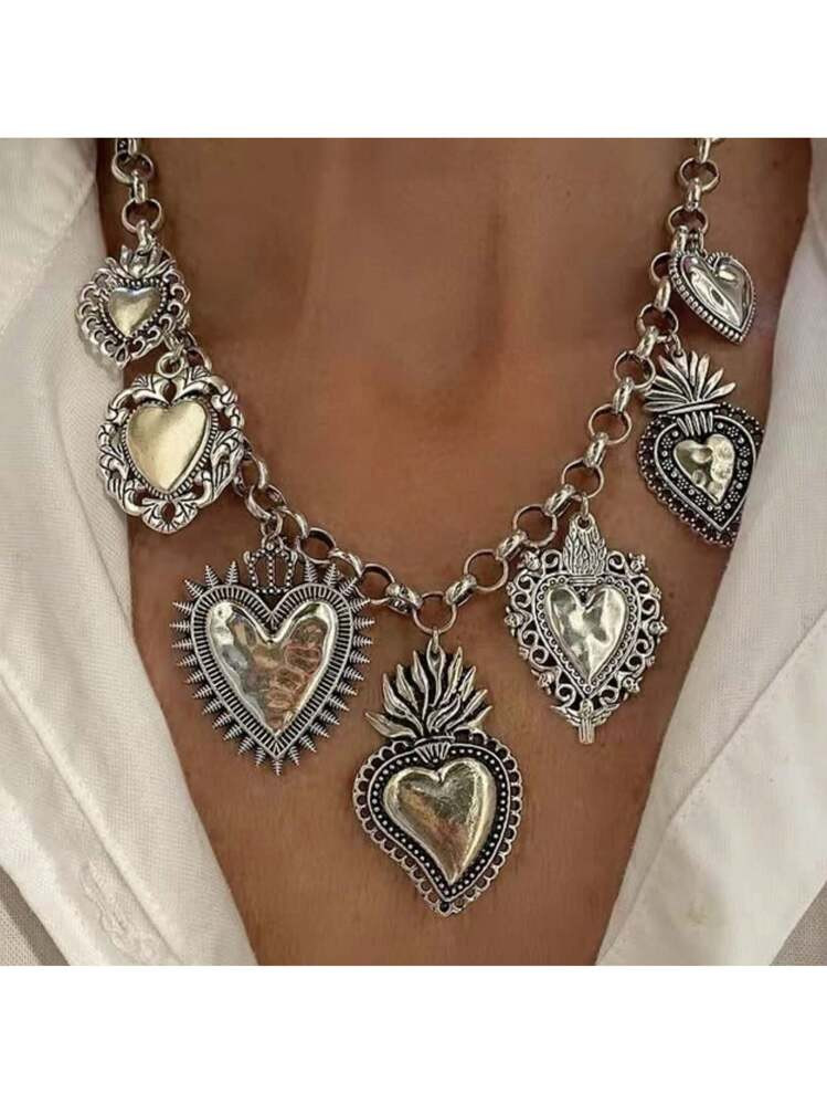 1pc Heart Locket Charm Necklace, Vintage Multi-Heart Pendant Necklace With Silver Chain, Fashion ... | SHEIN