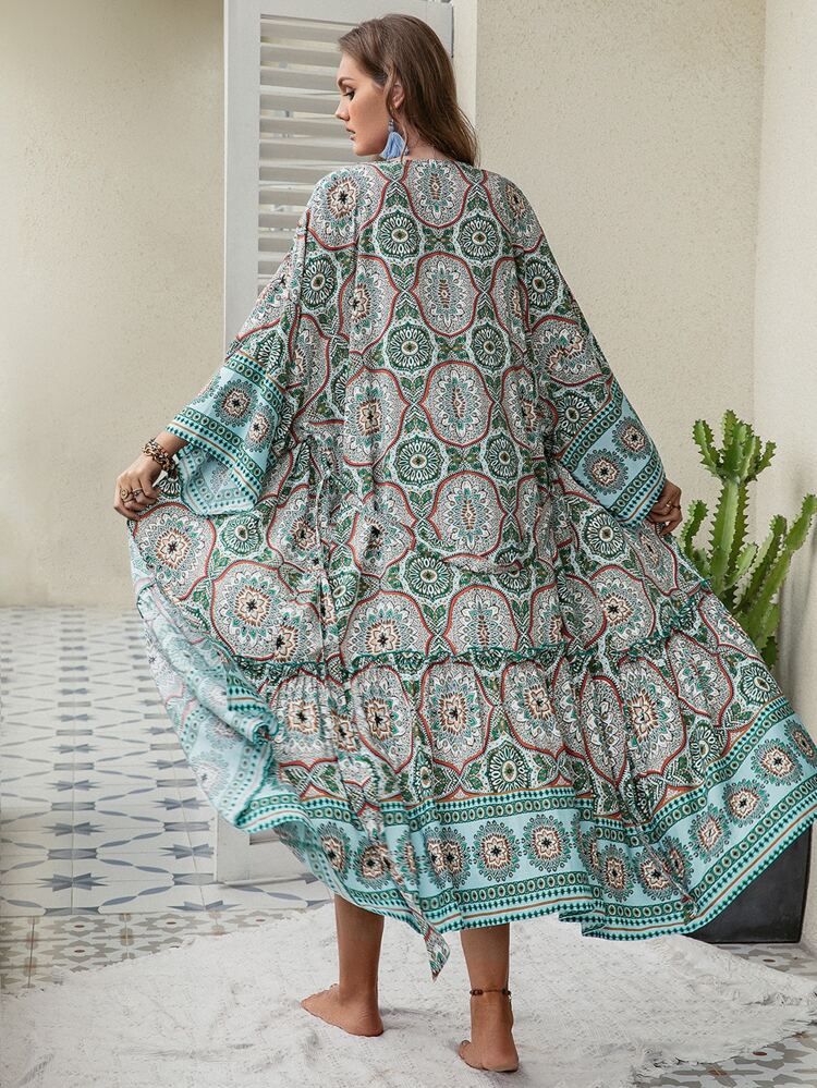 Rusttydustty Plus Mandala Print Batwing Sleeve Kimono | SHEIN