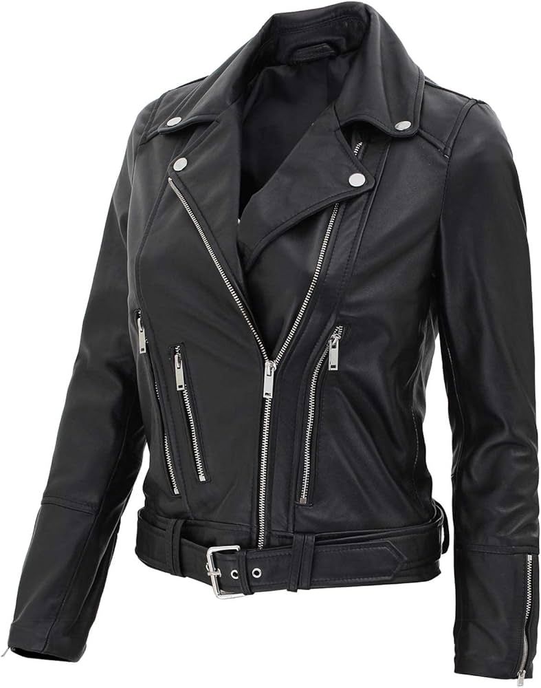 Fjackets Womens Motorcycle Leather Jackets - Real Lambskin Moto Biker Jacket For Women | Amazon (US)