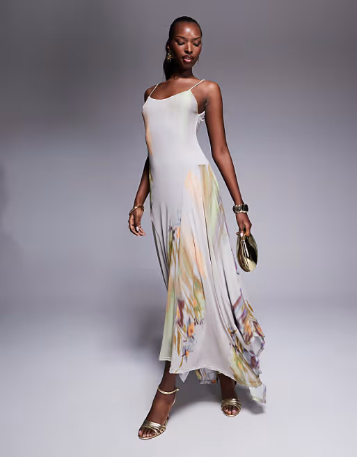 ASOS DESIGN printed mesh  scoop neck maxi dress in blurred floral | ASOS (Global)