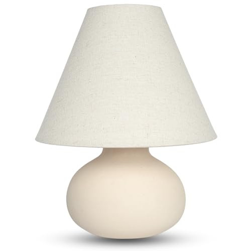 ora bamboo 11" Small Table Lamp – Handmade Round Ceramic Cream Base with Off-White Fabric Shade, Dimmable Plug-in Nightstand or Accent Light – Organic Boho Japandi Decor for Bedroom or Small Spaces | Amazon (US)