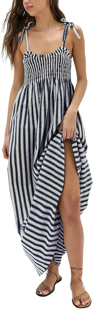 Lentta Women's Striped Smocked Maxi Dress Causal Spaghetti Strap Stretchy Flowy Swing Long Dress ... | Amazon (US)