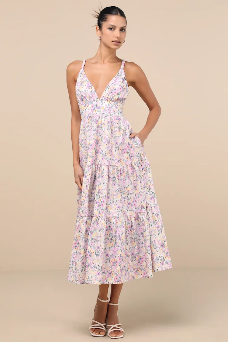 Brightly Blossoming Pink Multi Floral Tiered Midi Dress | Lulus