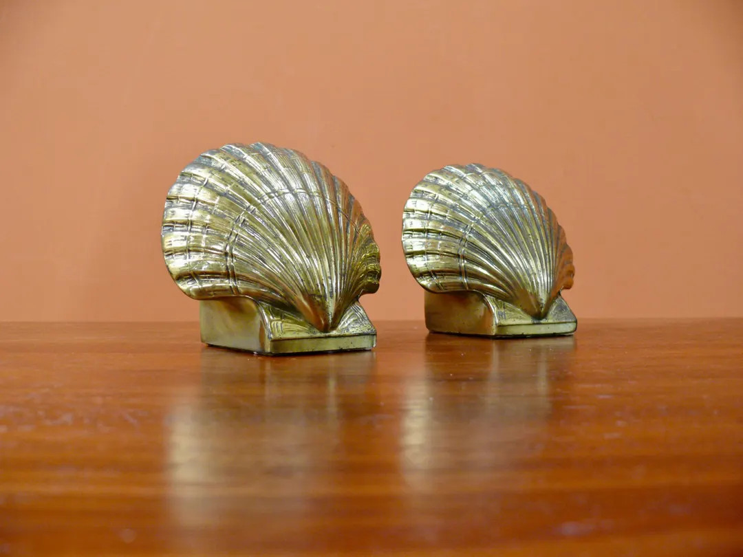 Brass Scallop Shell Bookends, Vintage PMC Coastal Nautical Decor - Etsy | Etsy (US)