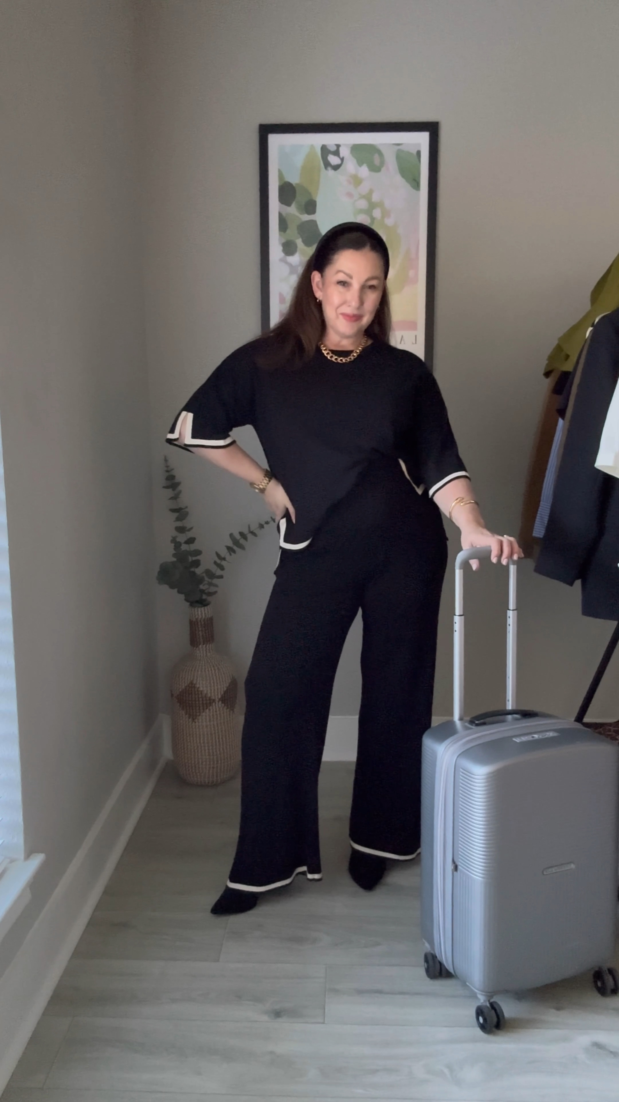 Travel style. Travel outfits. Co-ord. Under $50! Washes well! Suede ankle boots. Carry on case. Support outfits. Comfortable travel style. 

#LTKFindsUnder50 #LTKCyberWeek #LTKStyleTip