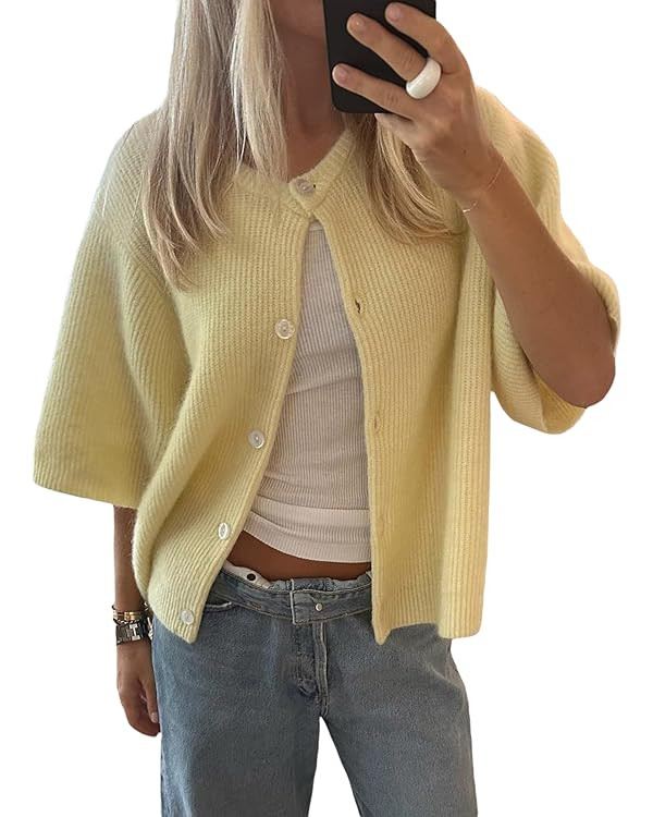 Women Y2k Knitted Crop Cardigan Short Sleeve Button Up Rib Knit Solid Color Cute Sweater Shirt | Amazon (US)