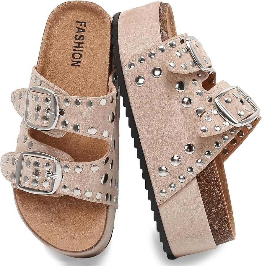Women's Platform Sandals With Cork Footbed Adjustable Double Buckle Suede Chunky Sandals for Summ... | Amazon (US)