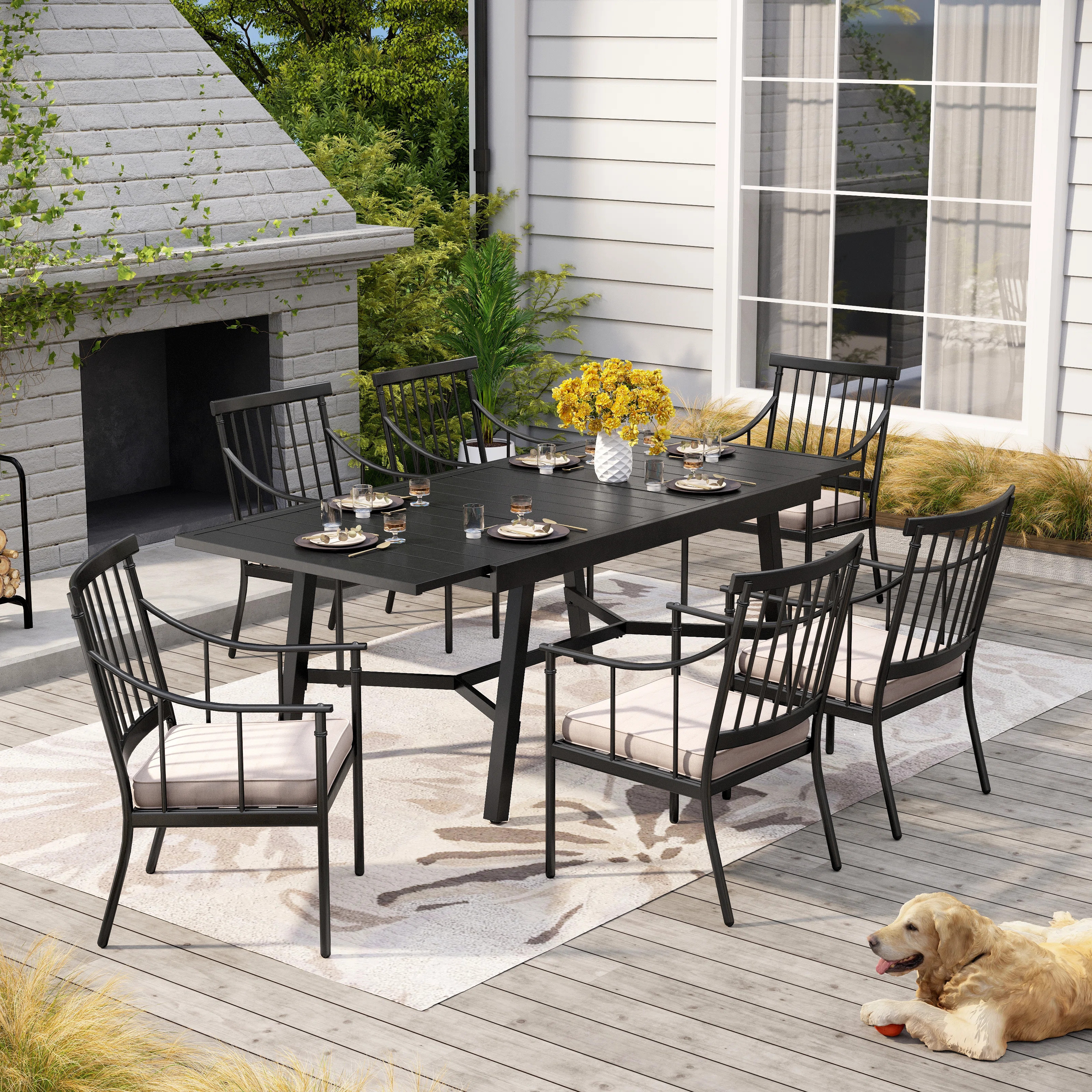 Alyah 6 - Person Metal Patio Dining Set with Extendable Rectangular Table , Cushions Included | Wayfair North America
