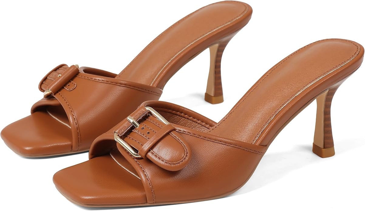Kitten Heels for Women Heeled Sandals with Buckle Strap Sandal Open Toe Heels Slip On Summer Mule... | Amazon (US)