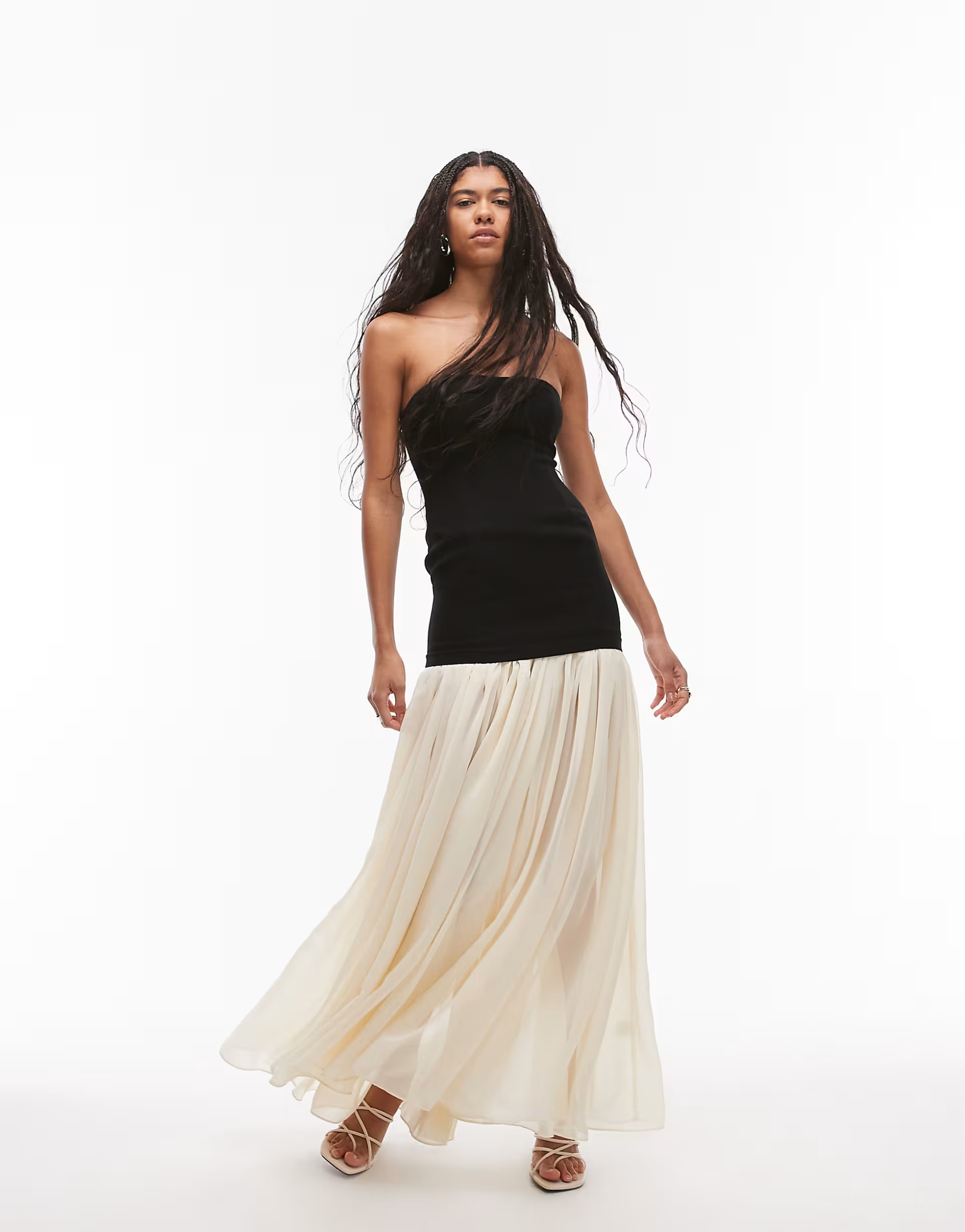 Heiress Beverly Hills bandeau drop waist chiffon maxi dress in black & cream | ASOS (Global)