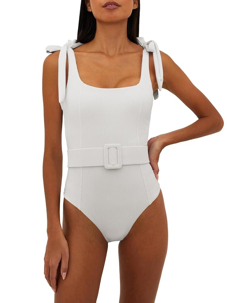Saodimallsu Womens Sexy One Piece Bathing Suit High Cut Knit Square Neck Tied Strappy Swimsuit wi... | Amazon (US)