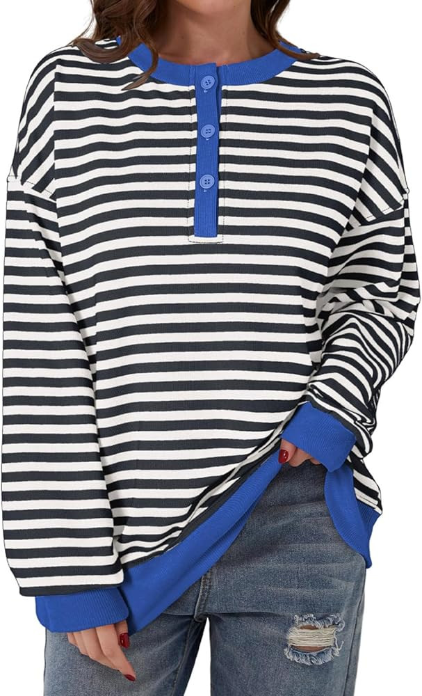 Dokotoo Womens Casual Crewneck Color Block Striped Oversized Sweatshirt Long Sleeve Shirts Tunic ... | Amazon (US)