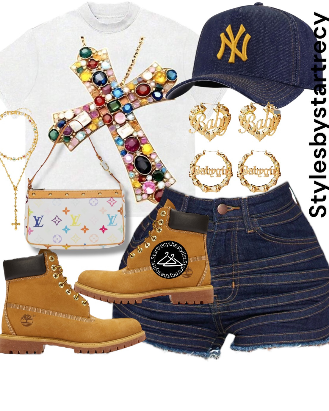 Cap: New York Yankees Light Navy Denim 1952
World Series New Era 59Fifty Fitted

Shorts: Not As It Seams Stretch Denim Shorts - Dark Wash