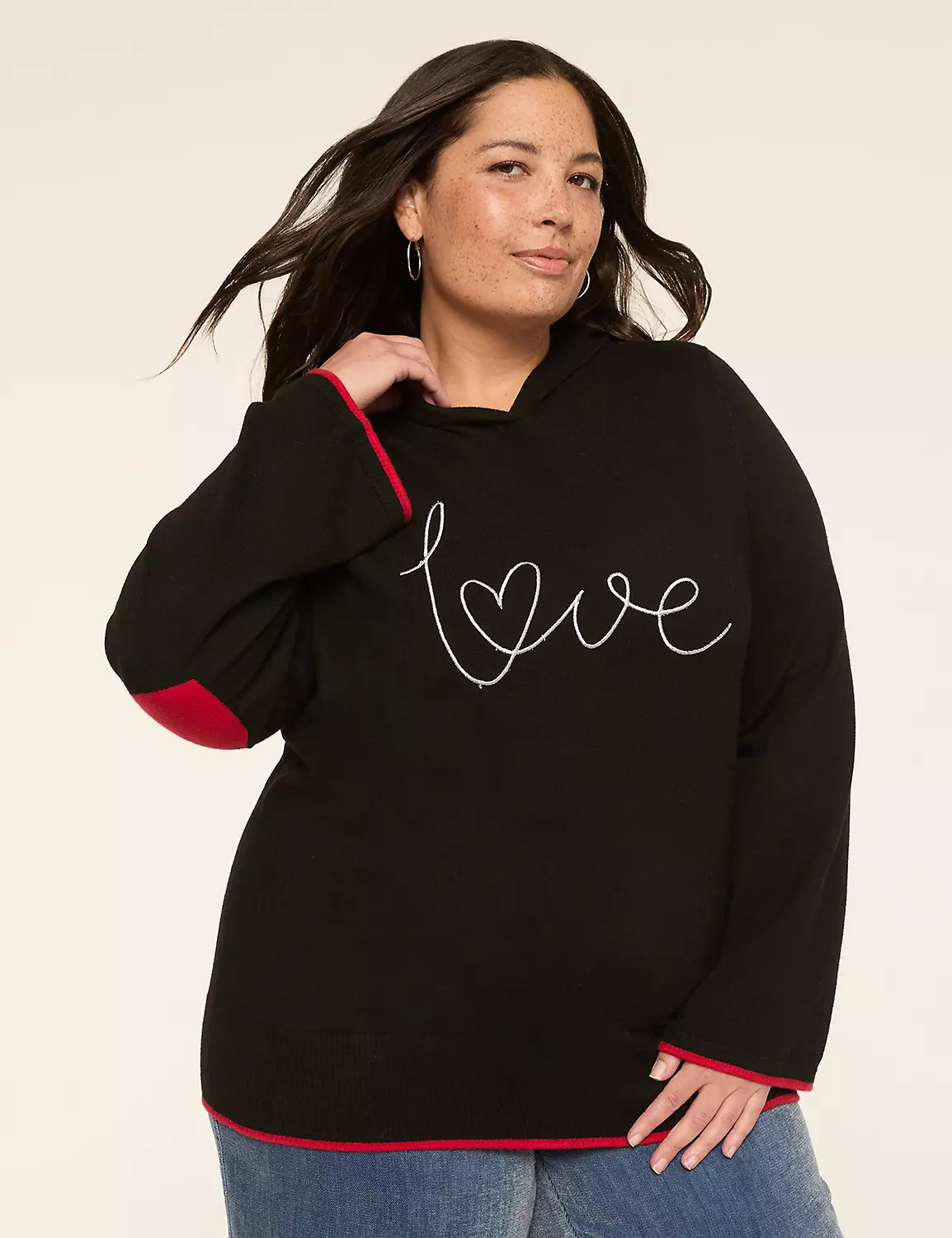 Embroidered Love Elbow-Patch Hoodie Sweater | Lane Bryant (US)