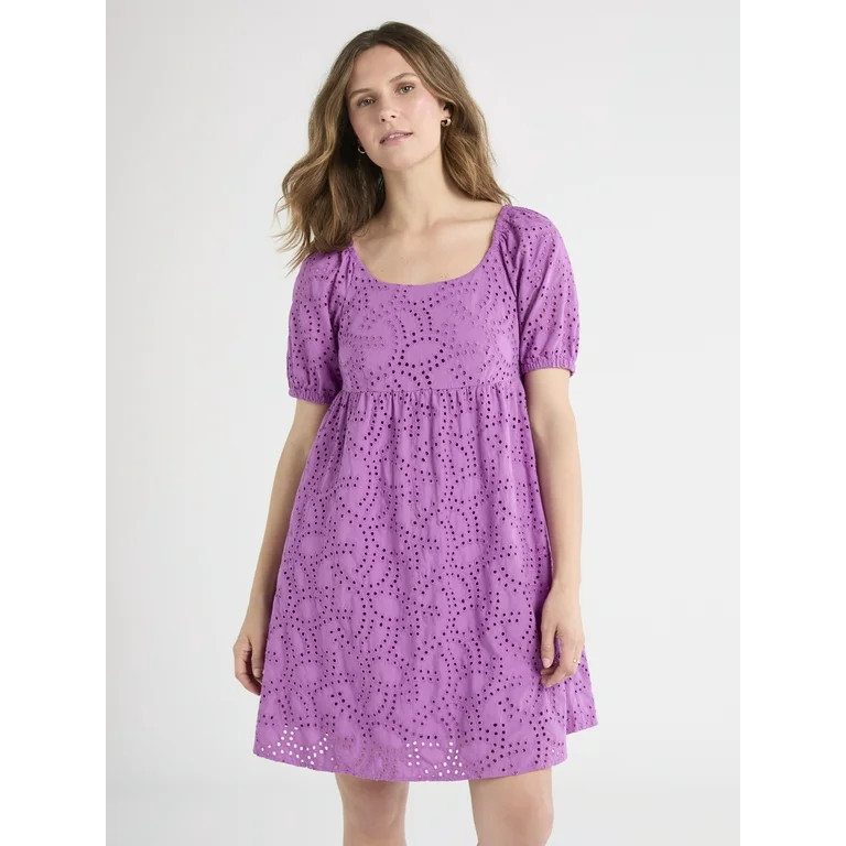 Time and Tru Women's Eyelet Dress with Puff Sleeves, Sizes XS-XXXL | Walmart (US)
