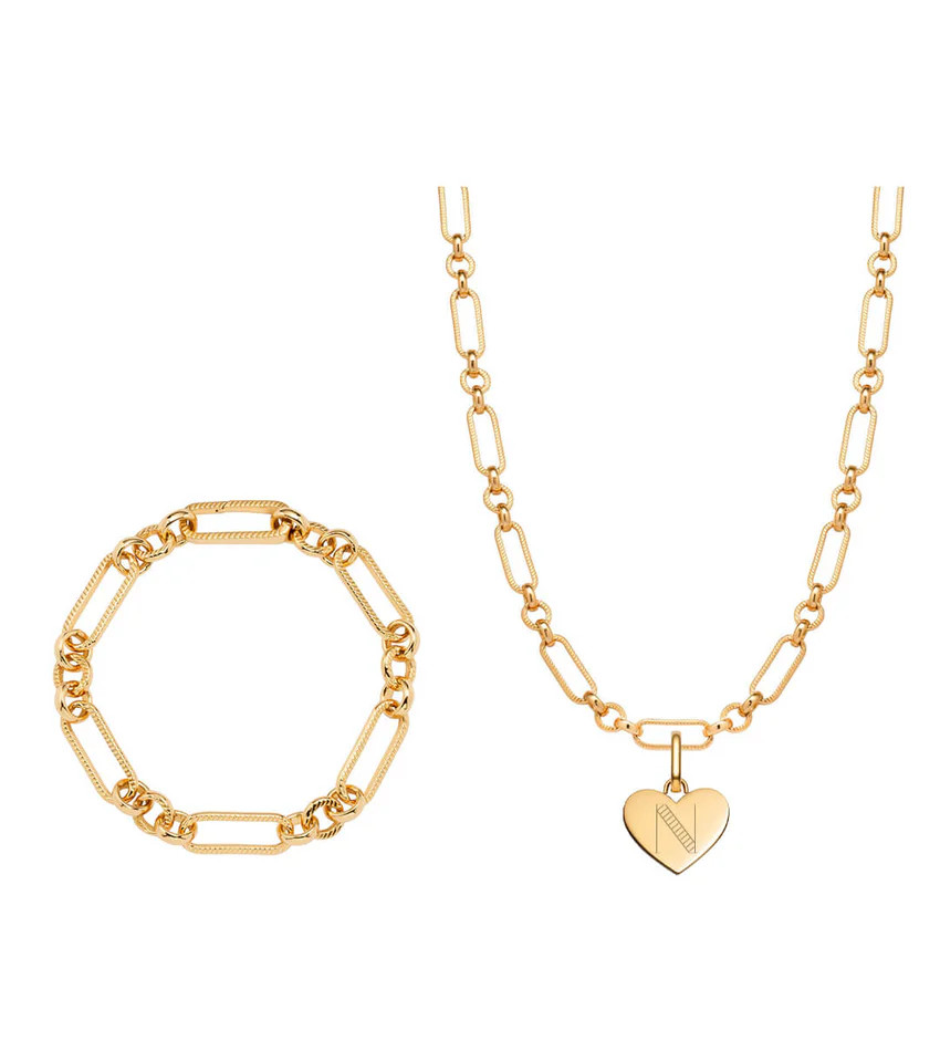 Heart Figaro Chain Necklace & Bracelet Bundle (Gold) | Abbott Lyon