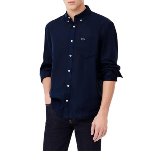 Lacoste Men's Long Sleeve Regular Fit Linen Button Down Shirt Navy Blue | Amazon (US)
