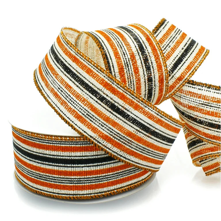Ribbon Traditions Halloween Orange / Black / White Stripes Burlap Wired Ribbon 2 1/2" by 10 Yards | Walmart (US)