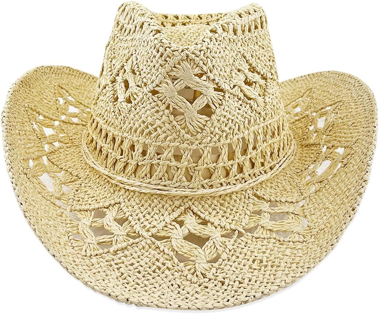 Women Straw Cowboy Hats, Sparkly Western Cowgirl Hat for Holiday, Foldable Vacation Beach Sun Hat... | Amazon (US)