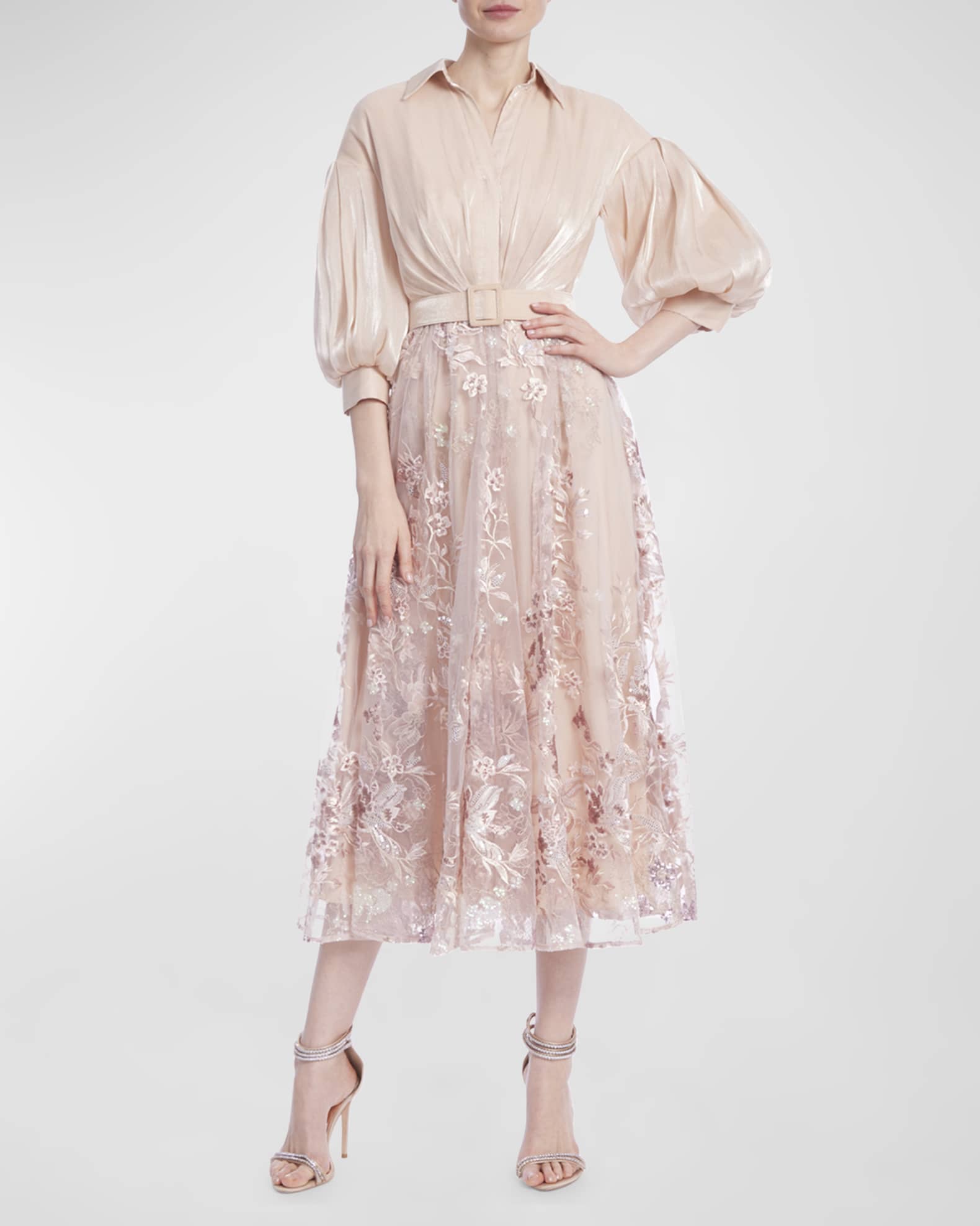 Shimmer Floral-Embroidered Midi Shirtdress | Neiman Marcus