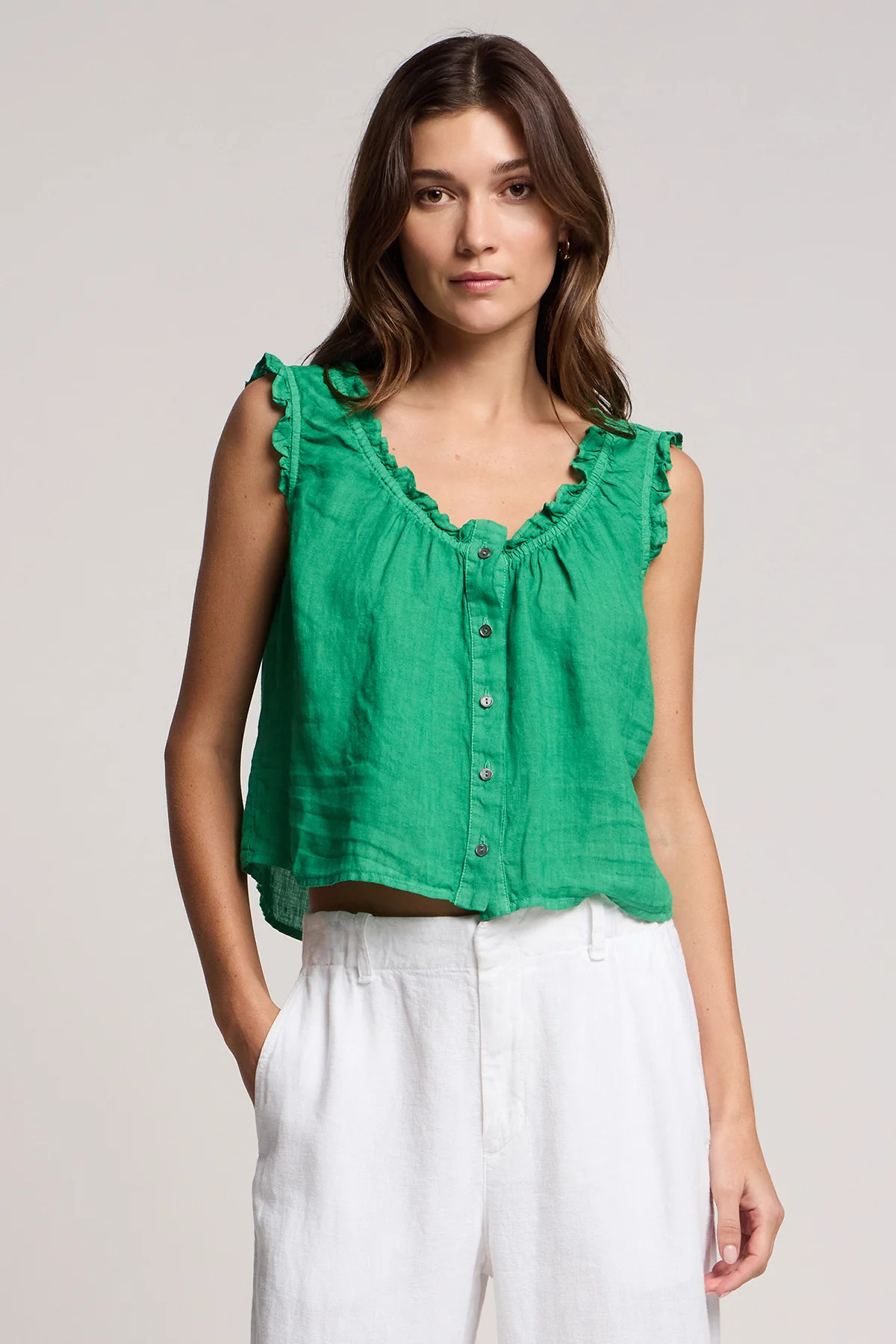 TANA WOVEN LINEN RUFFLE SLEEVELESS BUTTON FRONT TOP | Velvet by Graham & Spencer