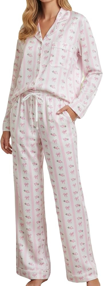 Womens 2 Piece Cute Pajama Sets Bow Button Long Sleeve Pjs Wide Leg Pants with Pocket Casual Loun... | Amazon (US)