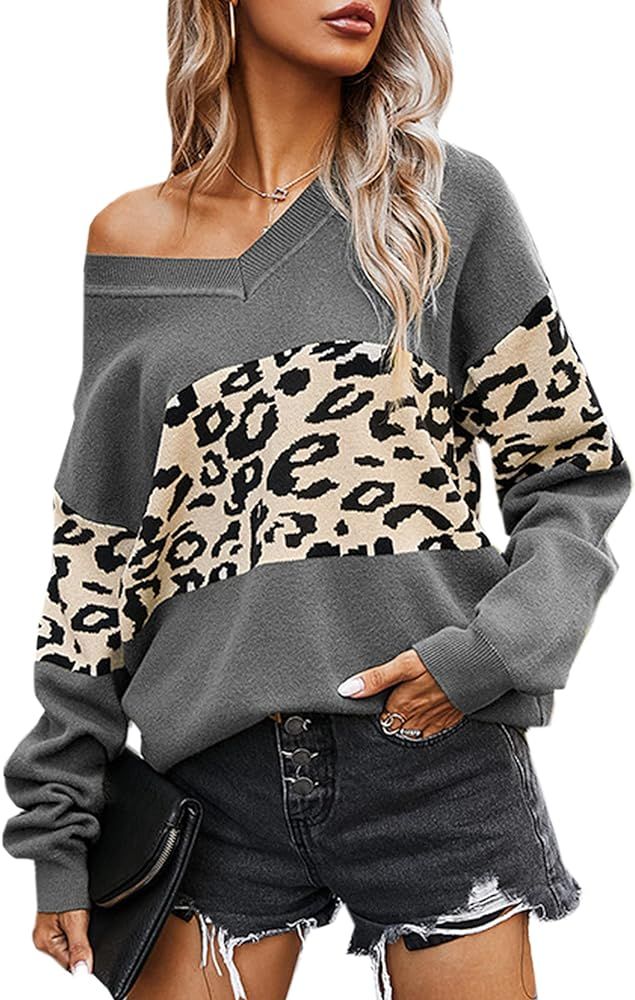 Angashion Women's Leopard Sweaters Casual Long Sleeve Crewneck Color Block Patchwork Pullover Kni... | Amazon (US)