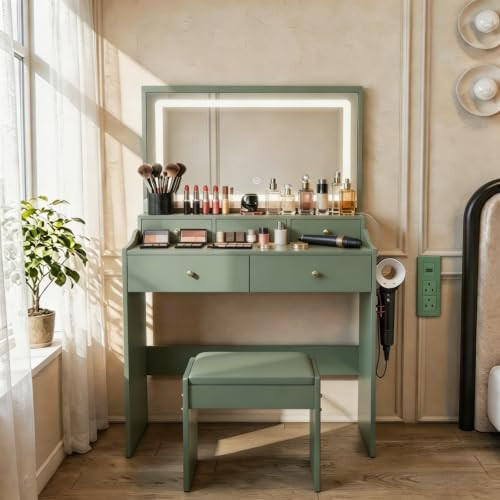 Vanity Desk with Mirror and Lights - Small Makeup Vanity Desk with Chair - Vanity Dressing Table with 5 Drawers & Power Outlet, Girls Vanity Set with 3 Lighting Adjustable Modes, Hairdryer Rack, Green | Amazon (US)