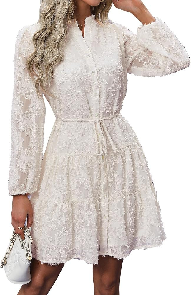 ABEWIP Women's Fall Casual Dress 2024 Fuzzy Long Sleeve V Neck Button Flowy Dress with Belt Weddi... | Amazon (US)