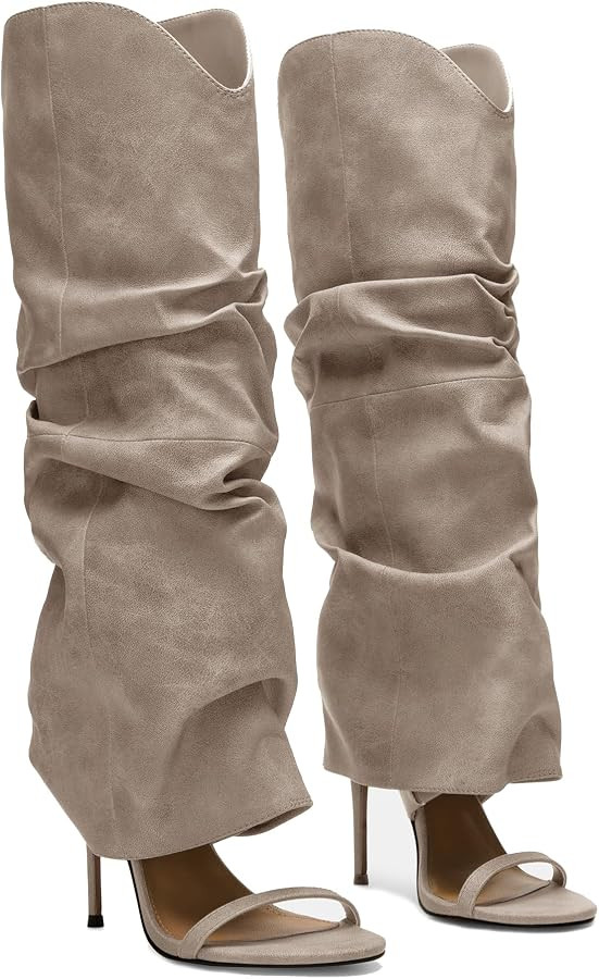 Slouchy Knee High Boots for Women Open Toe High Heel Sandals Boots Pull On Long Fashion Stiletto ... | Amazon (US)