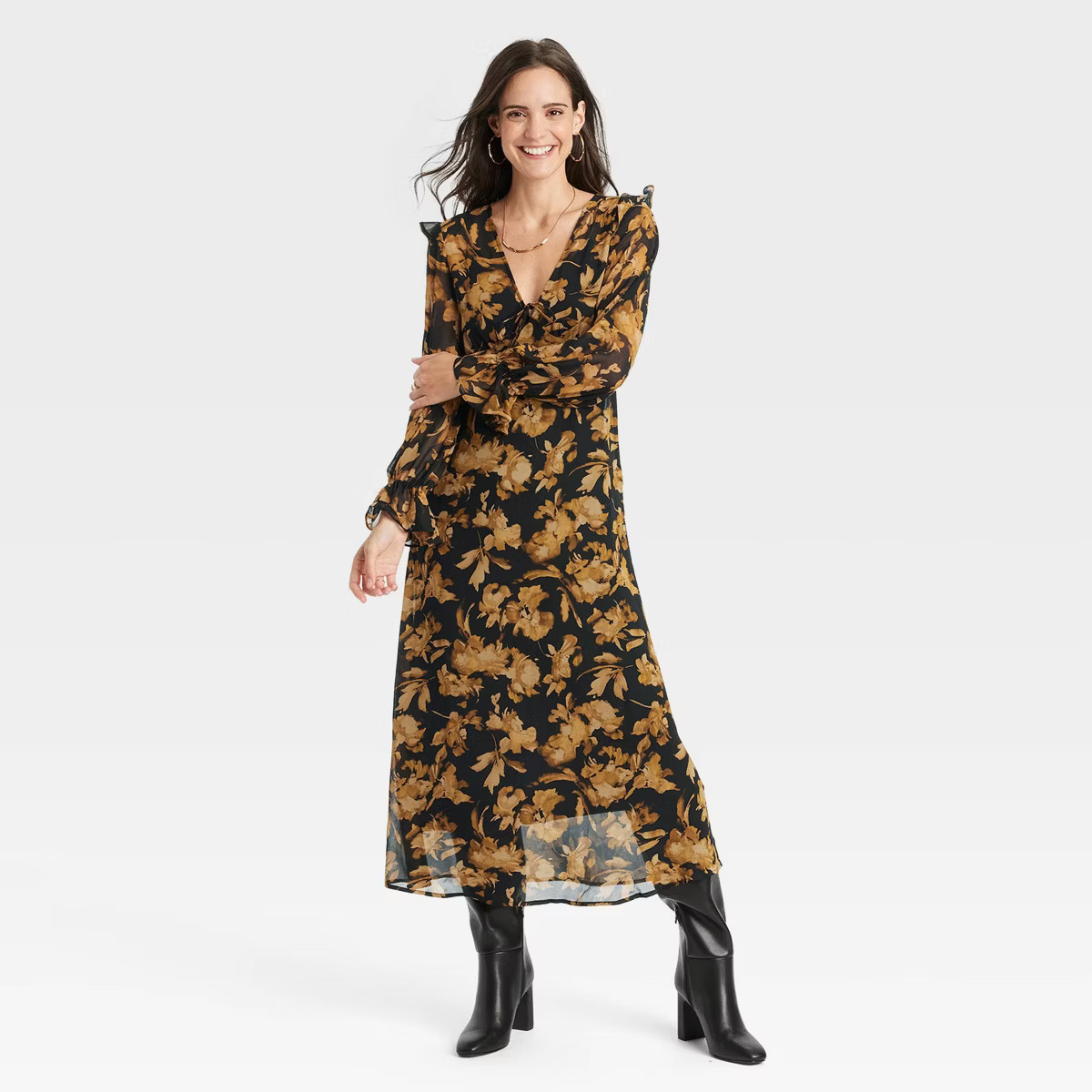 Women's Long Sleeve Sheer Maxi Dress - A New Day™ Black/Brown Floral XS | Target