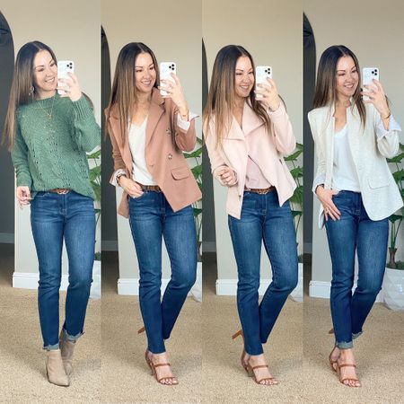 Use code HOLLY10 for 10% off.  
These gorgeous and comfortable stretch knit blazers & Moto jacket come in several colors xxs-2xl.  These essential v-neck tees are perfect for dressing up or down.  

For reference: I’m 5’1”, 109lbs
Sweater xxs
Double Breasted Blazer xxs
Stretch knit moto jacket xxs
Notch Collar Blazer XS
Essentail v-neck tee’s xxs
Mini-Flare Leg Denim with Raw Hem 24
Heels tts
Booties tts

#LTKsalealert #LTKworkwear #LTKunder50