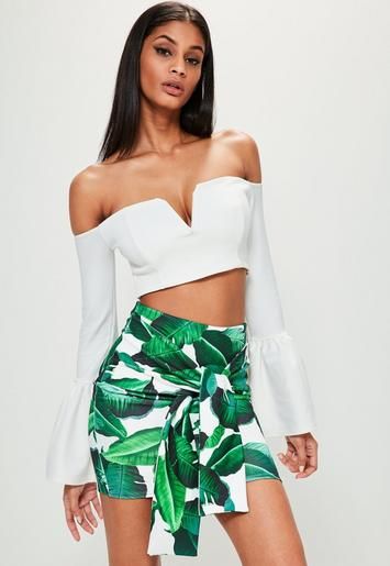 Missguided - Green Palm Print Scuba Tie Front Mini Skirt | Missguided (UK & IE)