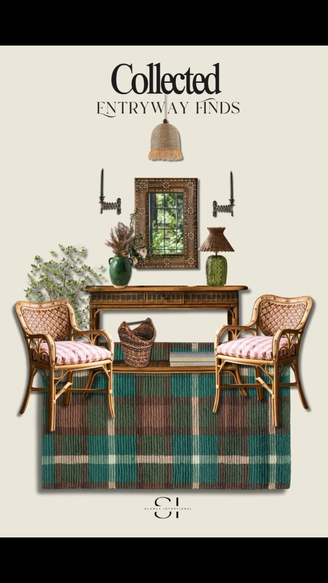 I’m obsessed with how cozy and collected this entryway feels! From the carved wood mirror to the woven chairs with sweet gingham cushions, everything comes together in the best way. That plaid rug is giving me vintage cabin vibes, and the wicker details make it feel warm and welcoming right when you walk in the door. If you’re looking for entryway finds that feel intentional and curated, this setup is such a mood.

#LTKHome