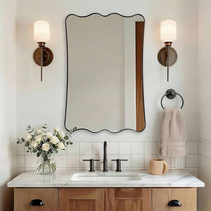 ANDY STAR 24x36 Wavy Rectangle Bathroom Mirror, Matte Black Scalloped Mirror with Curved Design, ... | Amazon (US)