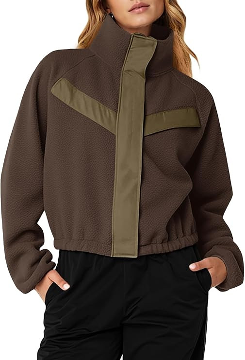 Fisoew Womens Fuzzy Fleece Cropped Jackets 2025 Fall Long Sleeve Zip Up Stand Collar Sherpa Jacke... | Amazon (US)