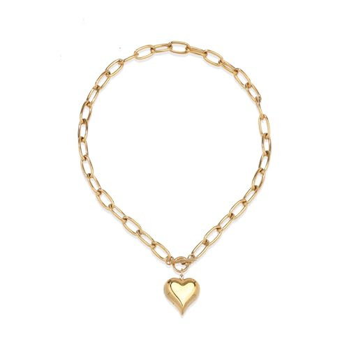 14K Gold Plated Necklace for Women, Chunky Chain Link Necklace with Puffy Heart Pendant, non tarnish Jewelry for Women Gifts (shine gold) | Amazon (US)