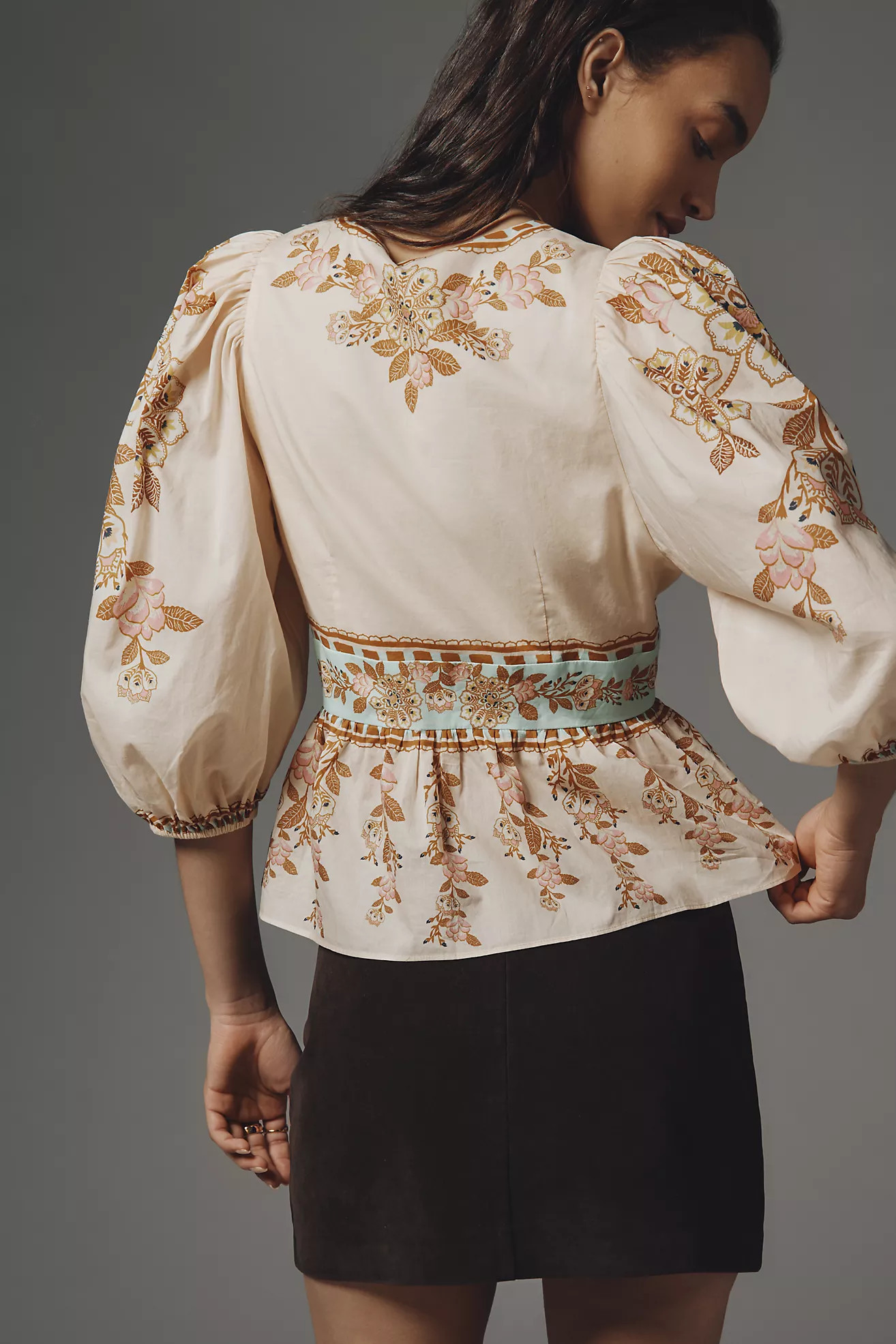 Farm Rio x Anthropologie Bubble-Sleeve V-Neck Peplum Top | Anthropologie (US)