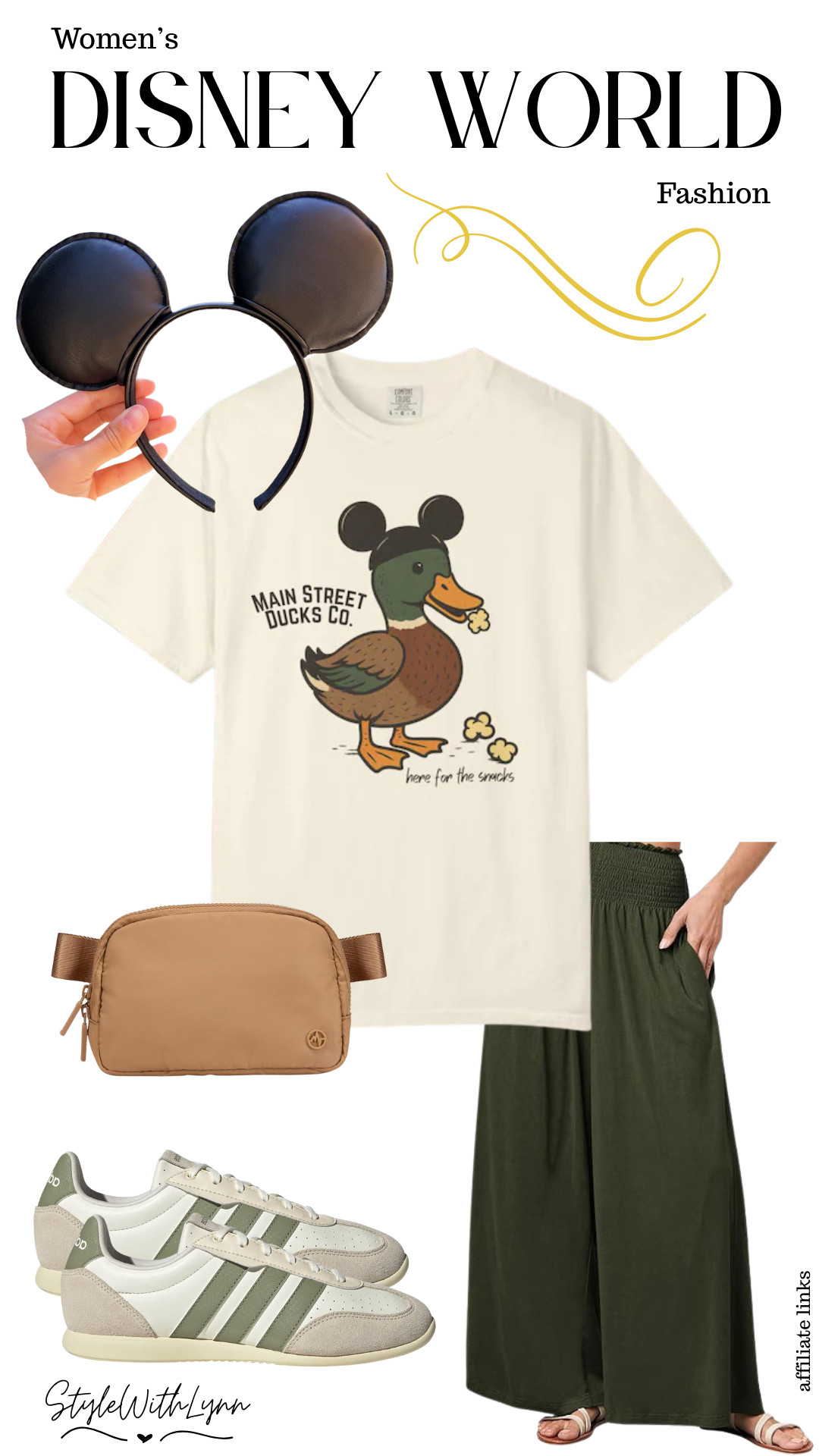 Oh, to be a Disney duck.... Casual, comfy, and Disney-approved this Main Street Ducks Co. tee is the perfect subtle Disney World outfit. Cute without being over-the-top. I styled it with flowy olive wide-leg pants for all-day park comfort, classic Adidas sneakers for miles of walking, and neutral accessories that go with everything. Finished with classic black Mickey ears for that effortless Disney touch. Perfect for Magic Kingdom days, snack runs, and Main Street strolls.



Disney World women’s outfits, Disney outfit inspiration, subtle Disney outfit, Disney World fashion, women’s Disney style, Magic Kingdom outfit, Disney park outfit women, Disney casual outfit, Disney outfit ideas women, comfortable Disney World outfit, Disney bounding women, Disney World outfit sneakers, Disney graphic tee outfit, Disney ears outfit, Main Street USA outfit, Disney park style women 

 #LTKootd #LTKmomlife #LTKTravel
