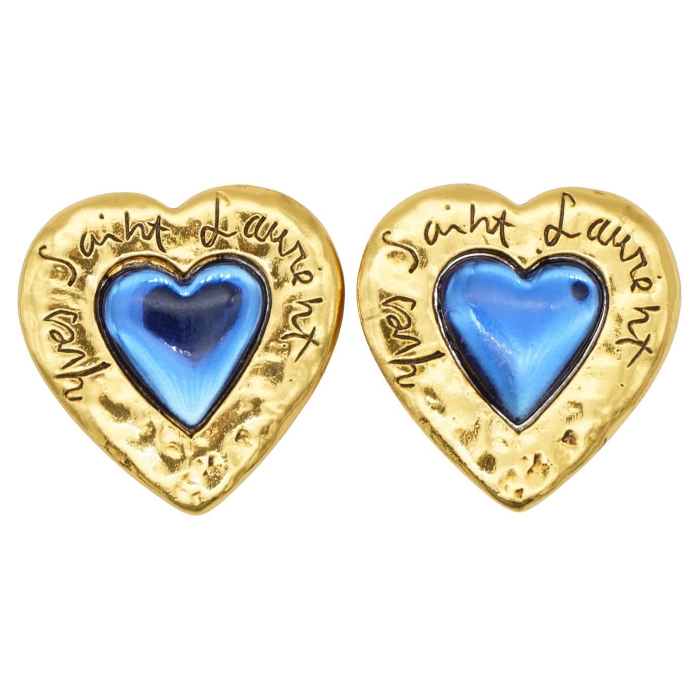 Yves Saint Laurent YSL Vintage Large Gripoix Logo Sapphire Heart Clip Earrings | 1stDibs